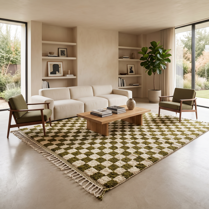Handmade green checkered Moroccan wool rug with cream squares and fringe – Berber artisan rug
