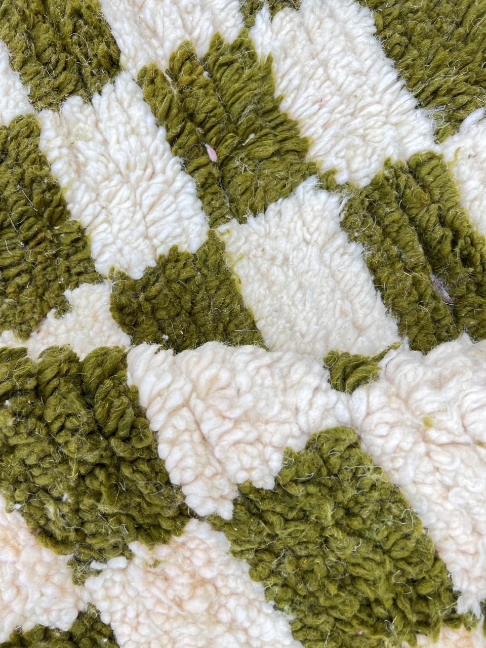 Handmade green checkered Moroccan wool rug with cream squares and fringe – Berber artisan rug
