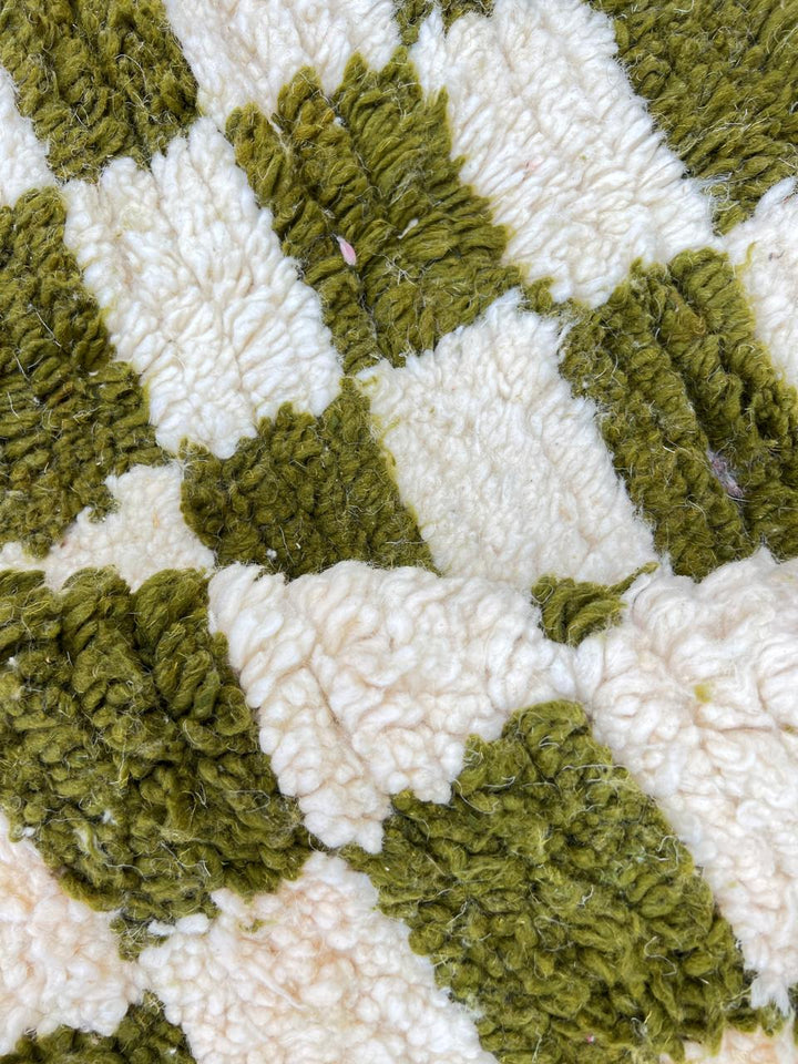 Handmade green checkered Moroccan wool rug with cream squares and fringe – Berber artisan rug