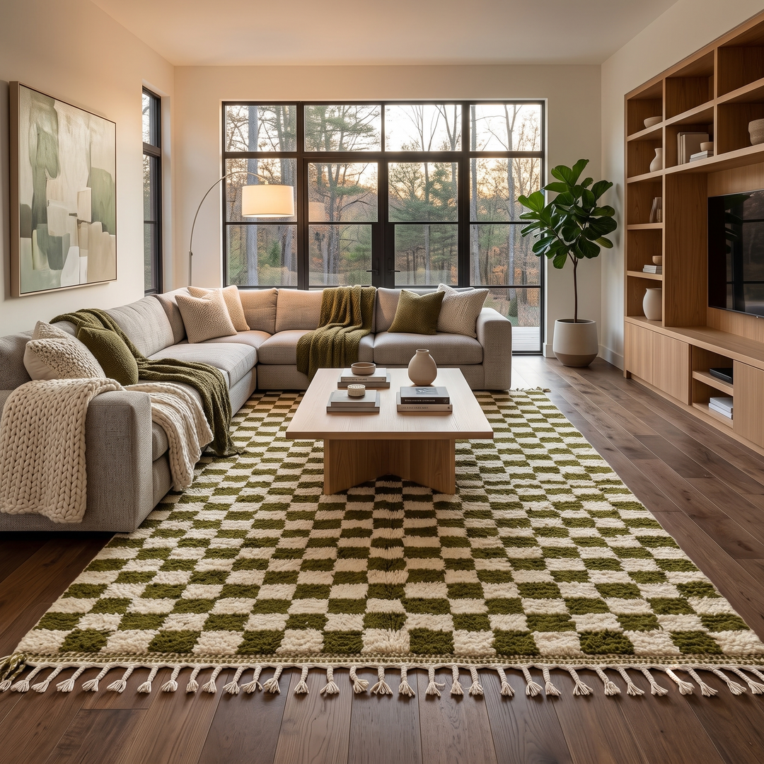 Handmade green checkered Moroccan wool rug with cream squares and fringe – Berber artisan rug
