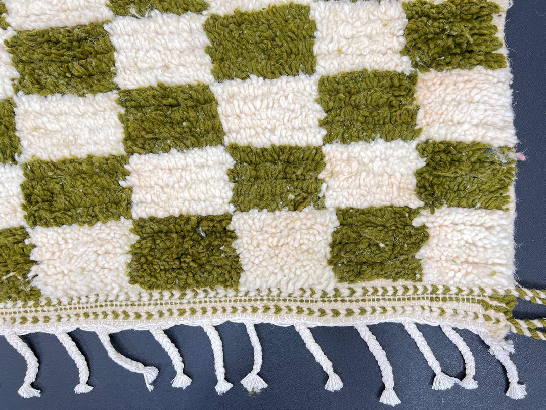 Handmade green checkered Moroccan wool rug with cream squares and fringe – Berber artisan rug