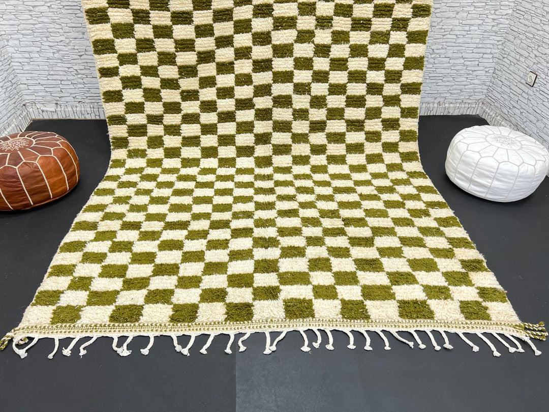 Handmade green checkered Moroccan wool rug with cream squares and fringe – Berber artisan rug