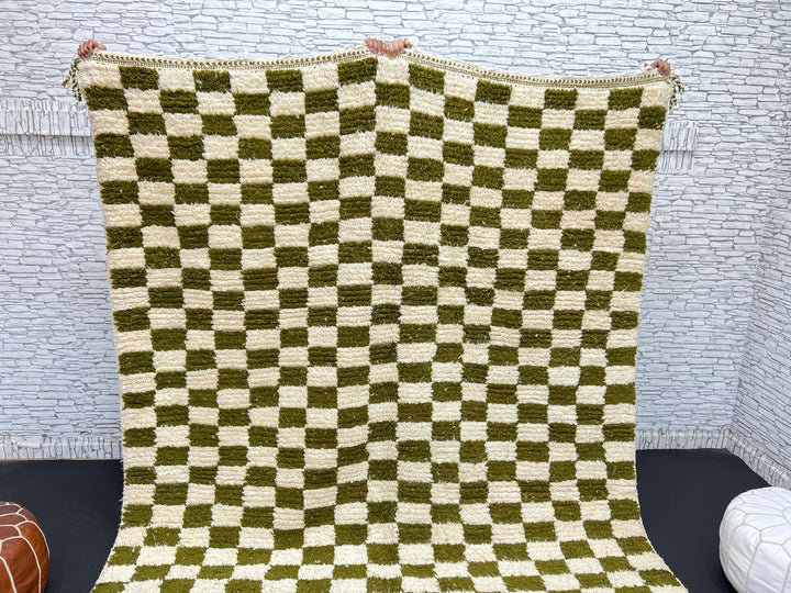 Handmade green checkered Moroccan wool rug with cream squares and fringe – Berber artisan rug