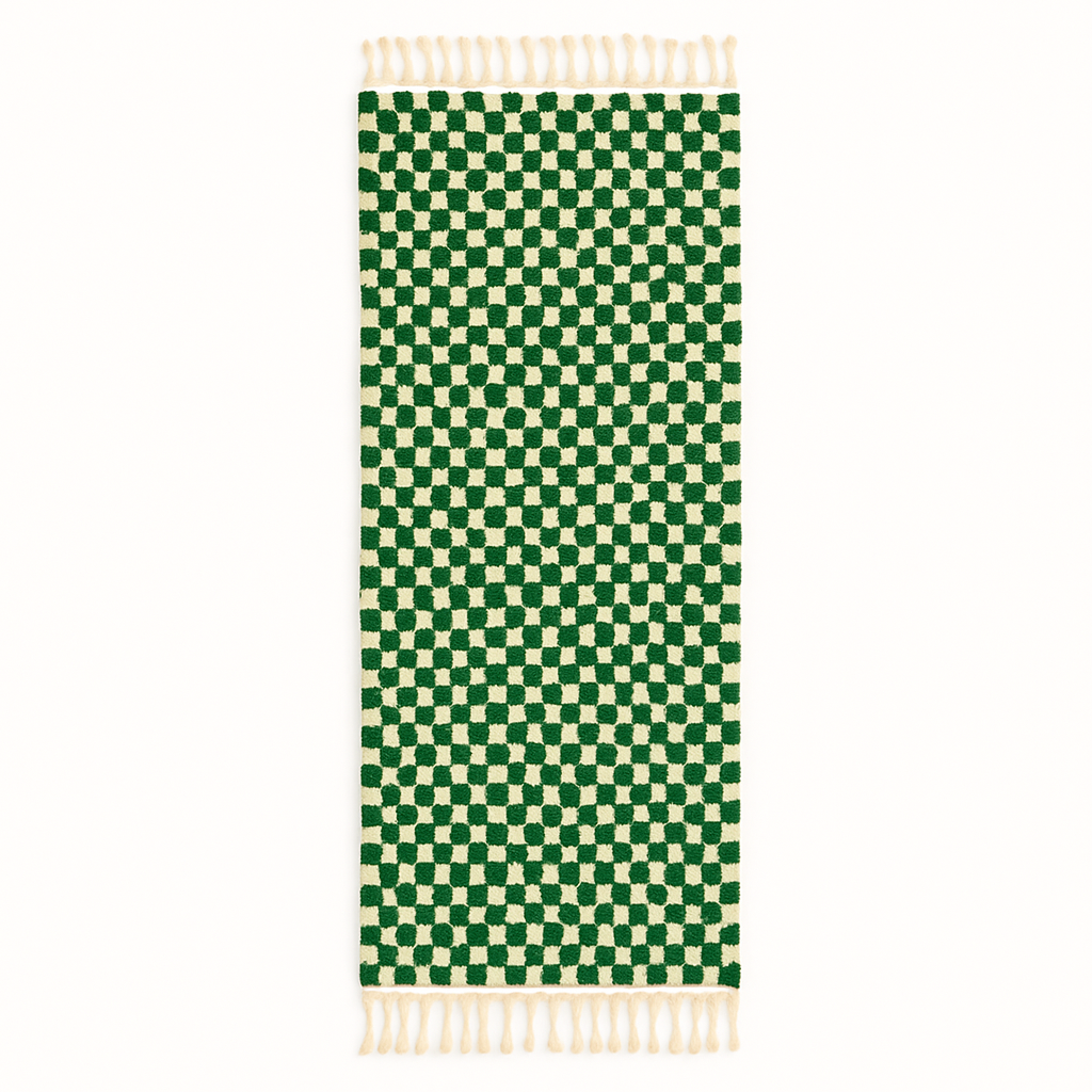 Handwoven green and white checkered Moroccan wool runner rug with tassel edges, handmade by Berber artisans