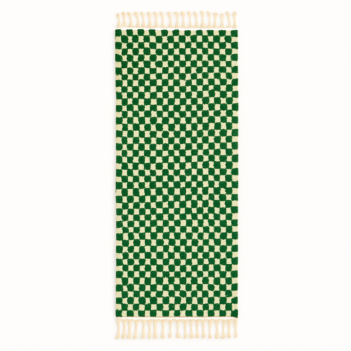 Handwoven green and white checkered Moroccan wool runner rug with tassel edges, handmade by Berber artisans