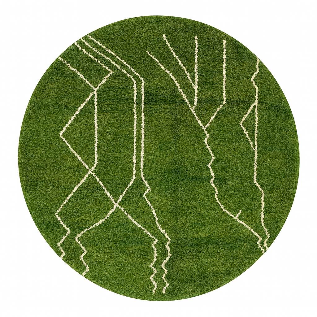 Green Moroccan round rug with white Berber line pattern, handmade wool.