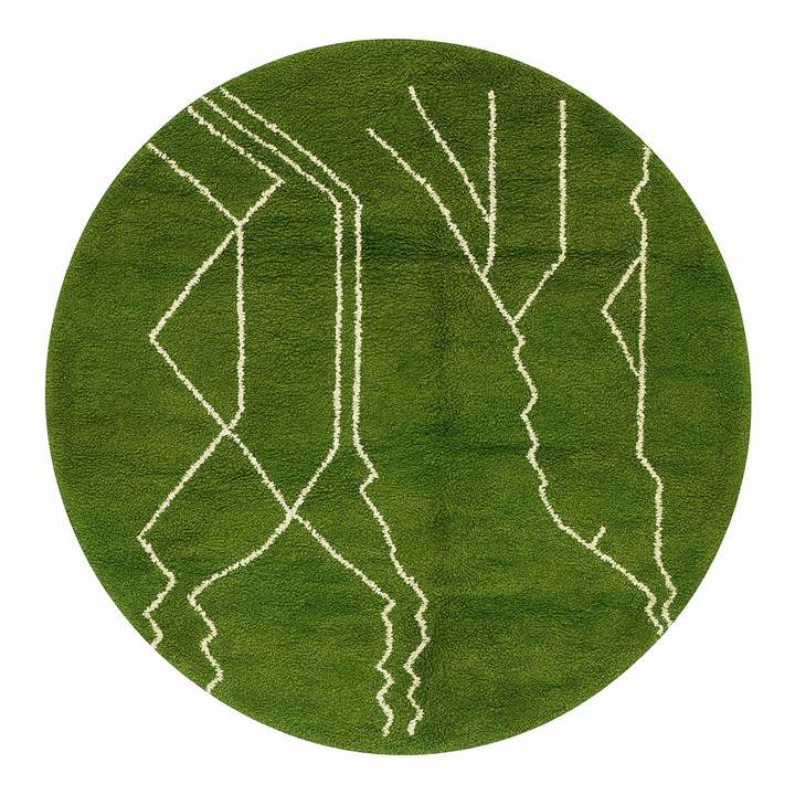Green Moroccan round rug with white Berber line pattern, handmade wool.