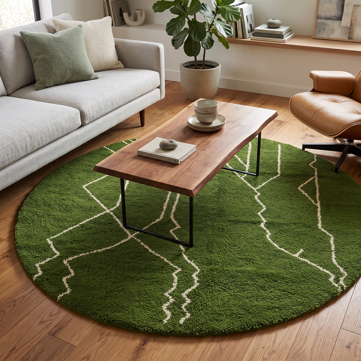 Green Moroccan round rug with white Berber line pattern, handmade wool.