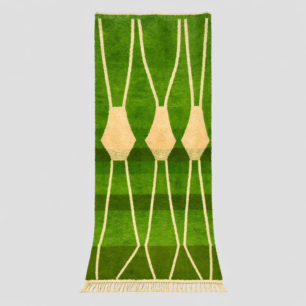 Green Moroccan runner rug handwoven in moss and olive wool with flowing ivory lines