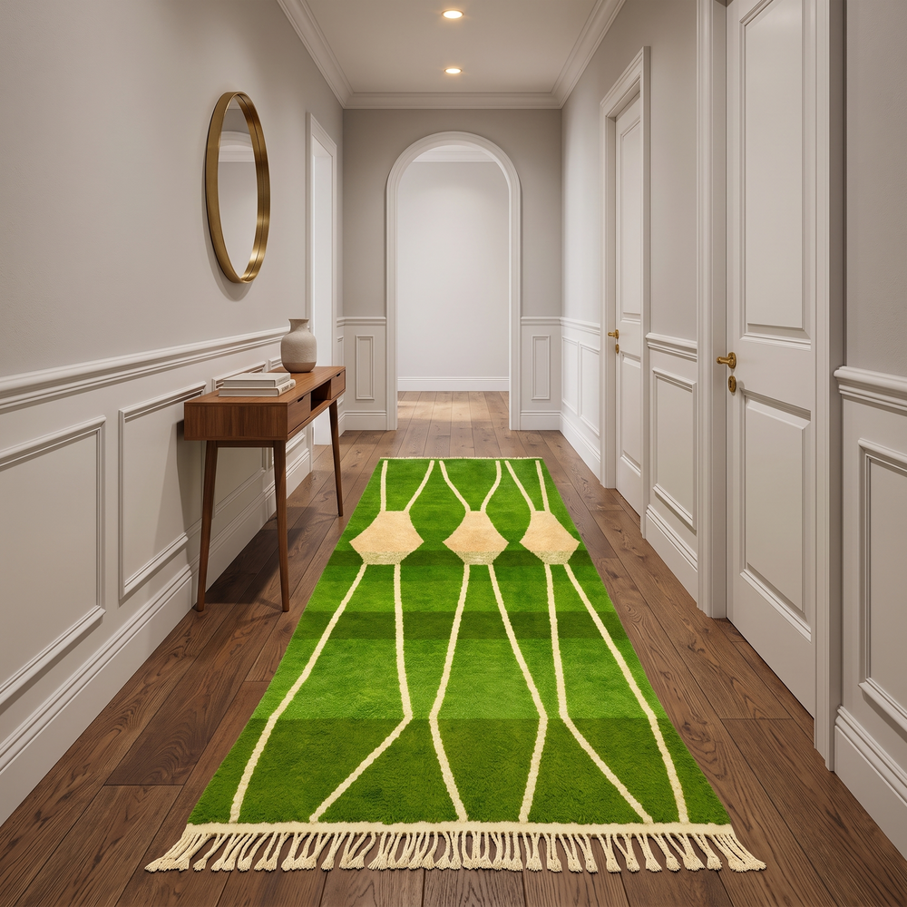 Green Moroccan runner rug handwoven in moss and olive wool with flowing ivory lines