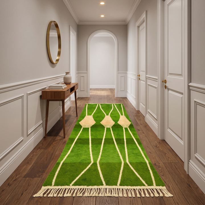 Green Moroccan runner rug handwoven in moss and olive wool with flowing ivory lines