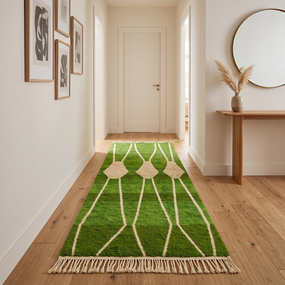Green Moroccan runner rug handwoven in moss and olive wool with flowing ivory lines