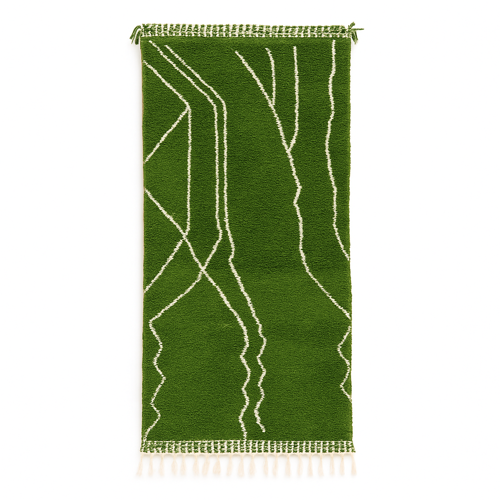 Handmade green Moroccan runner rug with white abstract linear design on natural wool.