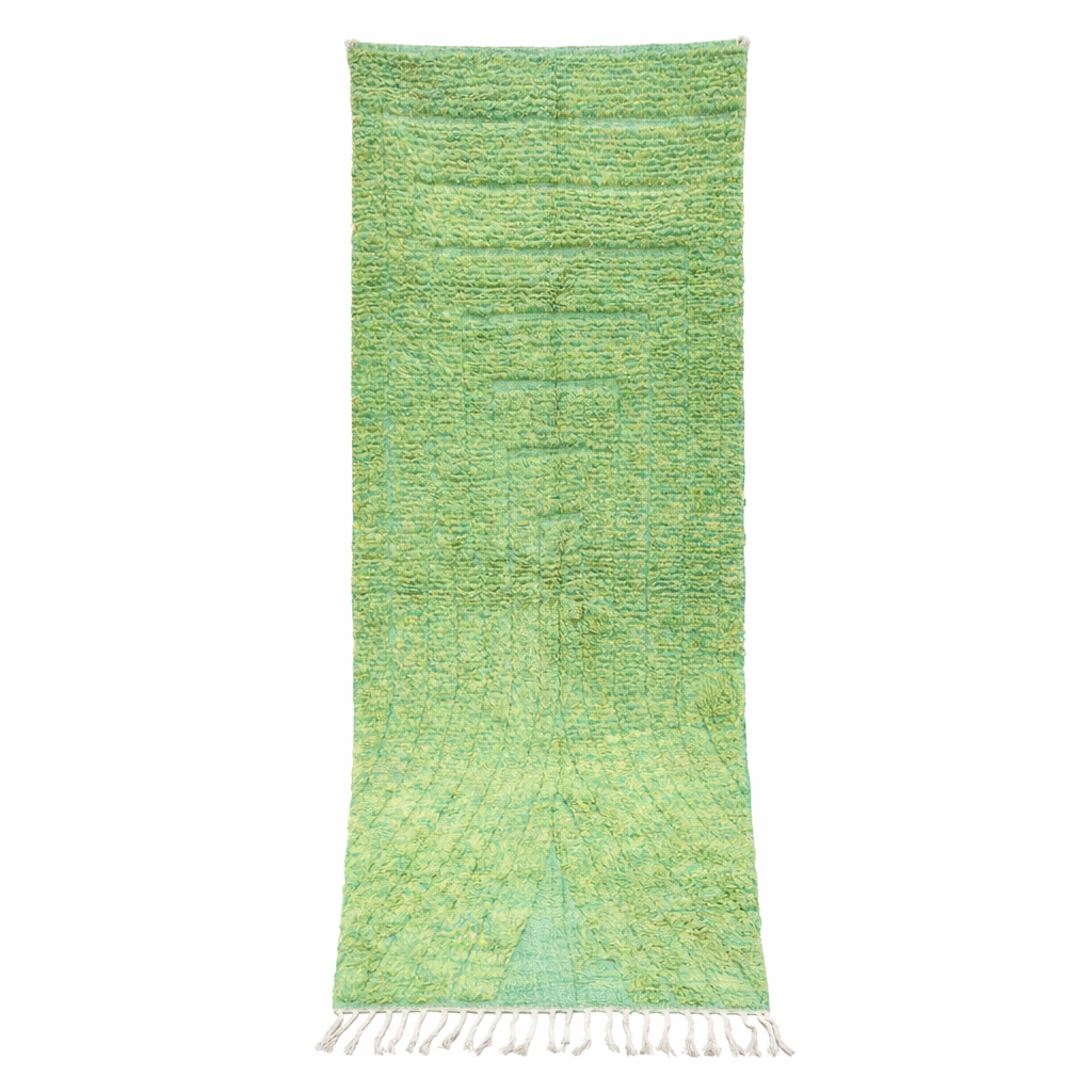 Handwoven green Moroccan wool runner rug with soft tonal textured pattern