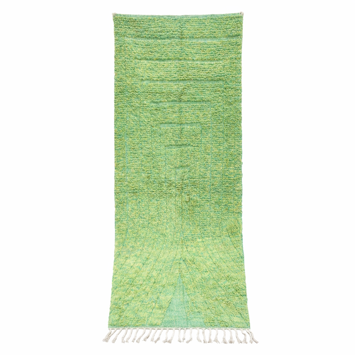 Handwoven green Moroccan wool runner rug with soft tonal textured pattern