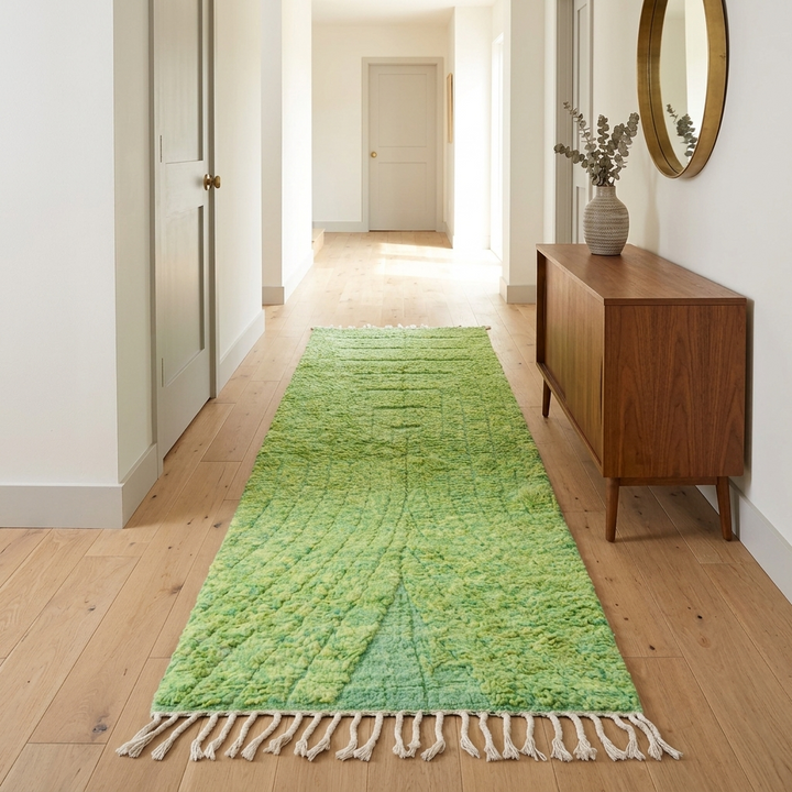 Handwoven green Moroccan wool runner rug with soft tonal textured pattern