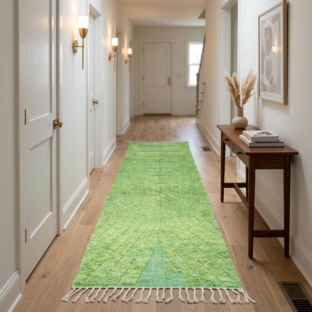 Handwoven green Moroccan wool runner rug with soft tonal textured pattern