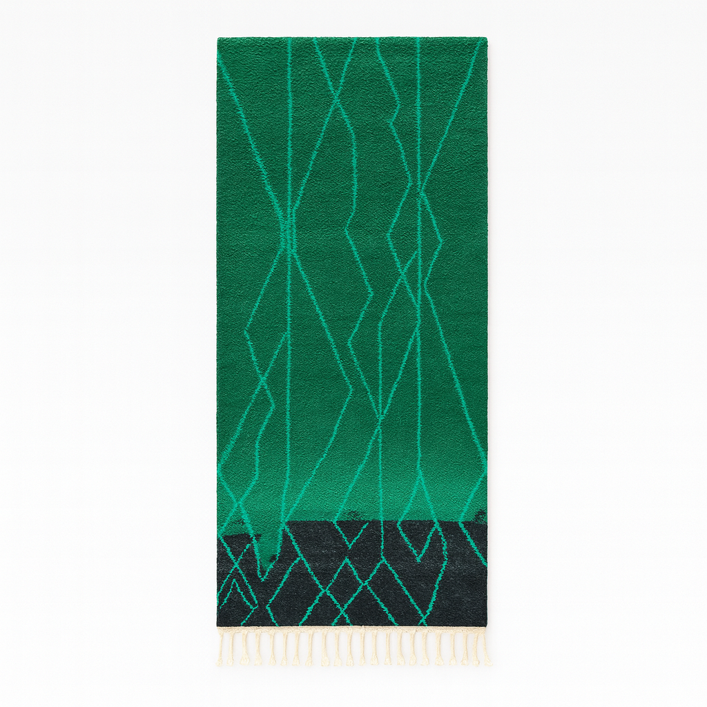 Handwoven green Moroccan wool runner rug with geometric line patterns and black gradient base.