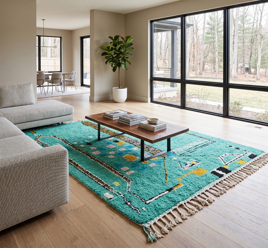 Green Moroccan wool rug with abstract geometric Berber pattern, handmade by artisans