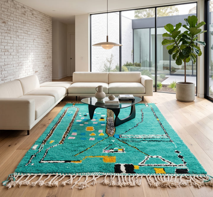 Green Moroccan wool rug with abstract geometric Berber pattern, handmade by artisans