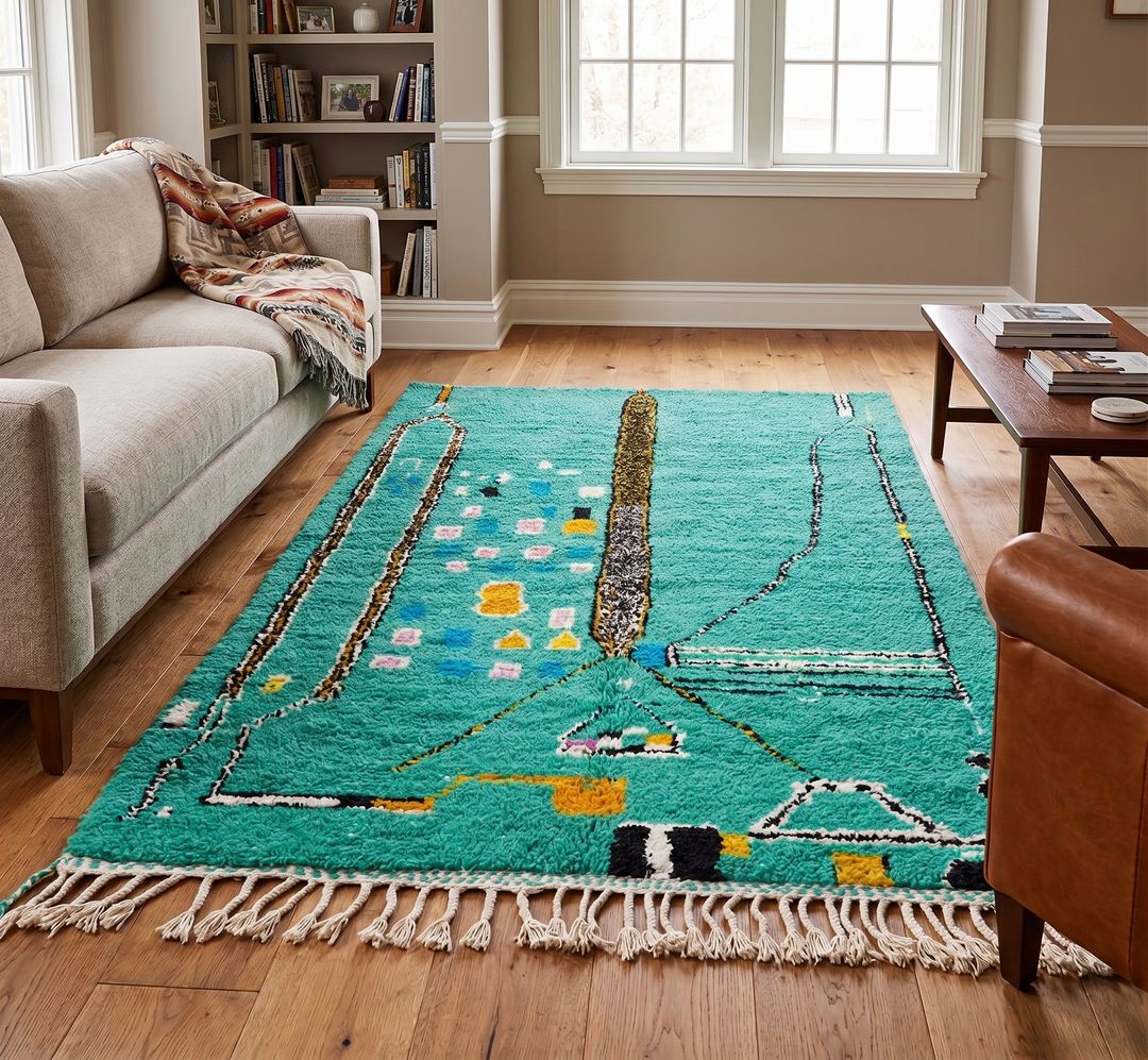 Green Moroccan wool rug with abstract geometric Berber pattern, handmade by artisans