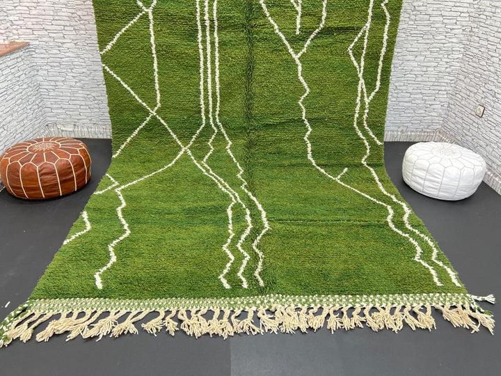 Handwoven green Moroccan wool rug with white geometric line design