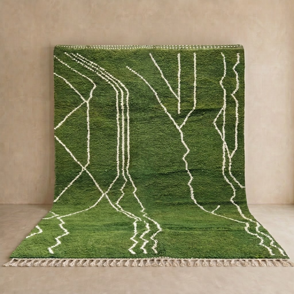 Handwoven green Moroccan wool rug with white geometric line design
