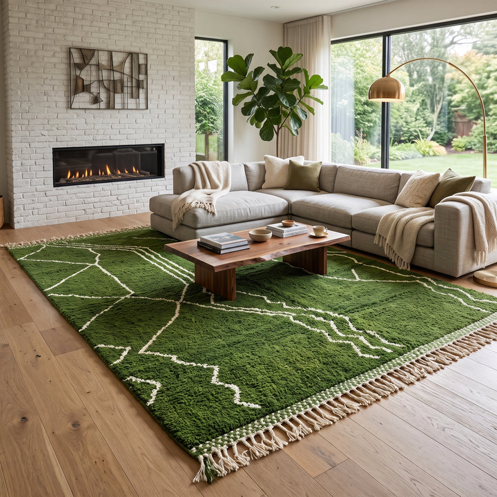 Handwoven green Moroccan wool rug with white geometric line design
