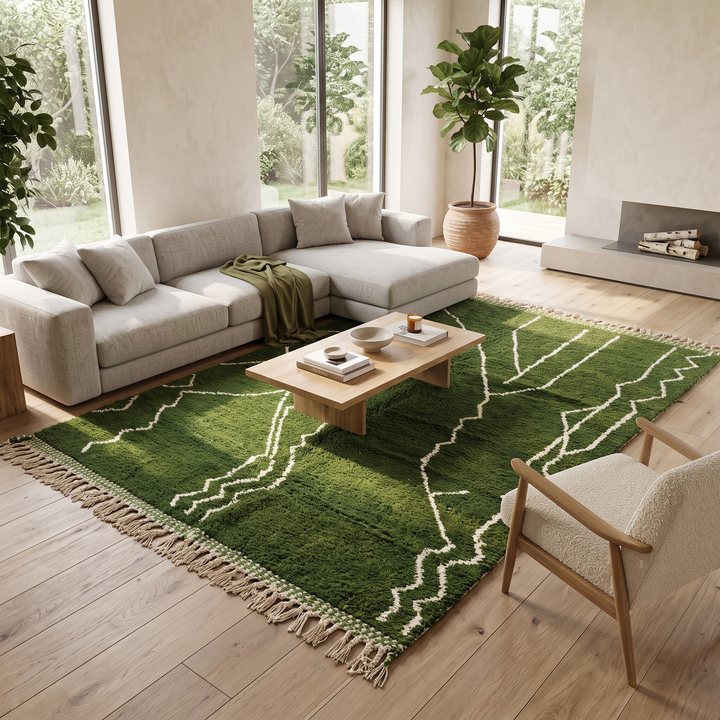 Handwoven green Moroccan wool rug with white geometric line design
