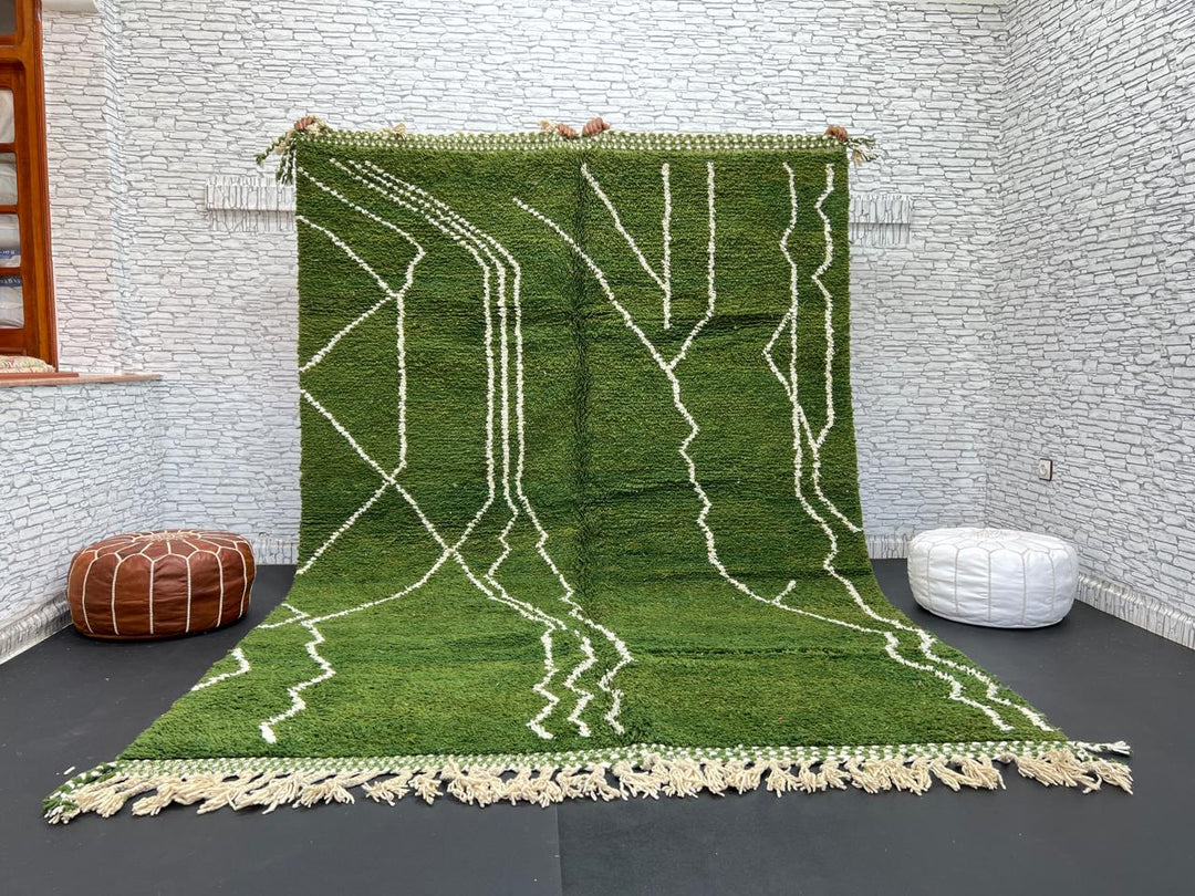 Handwoven green Moroccan wool rug with white geometric line design