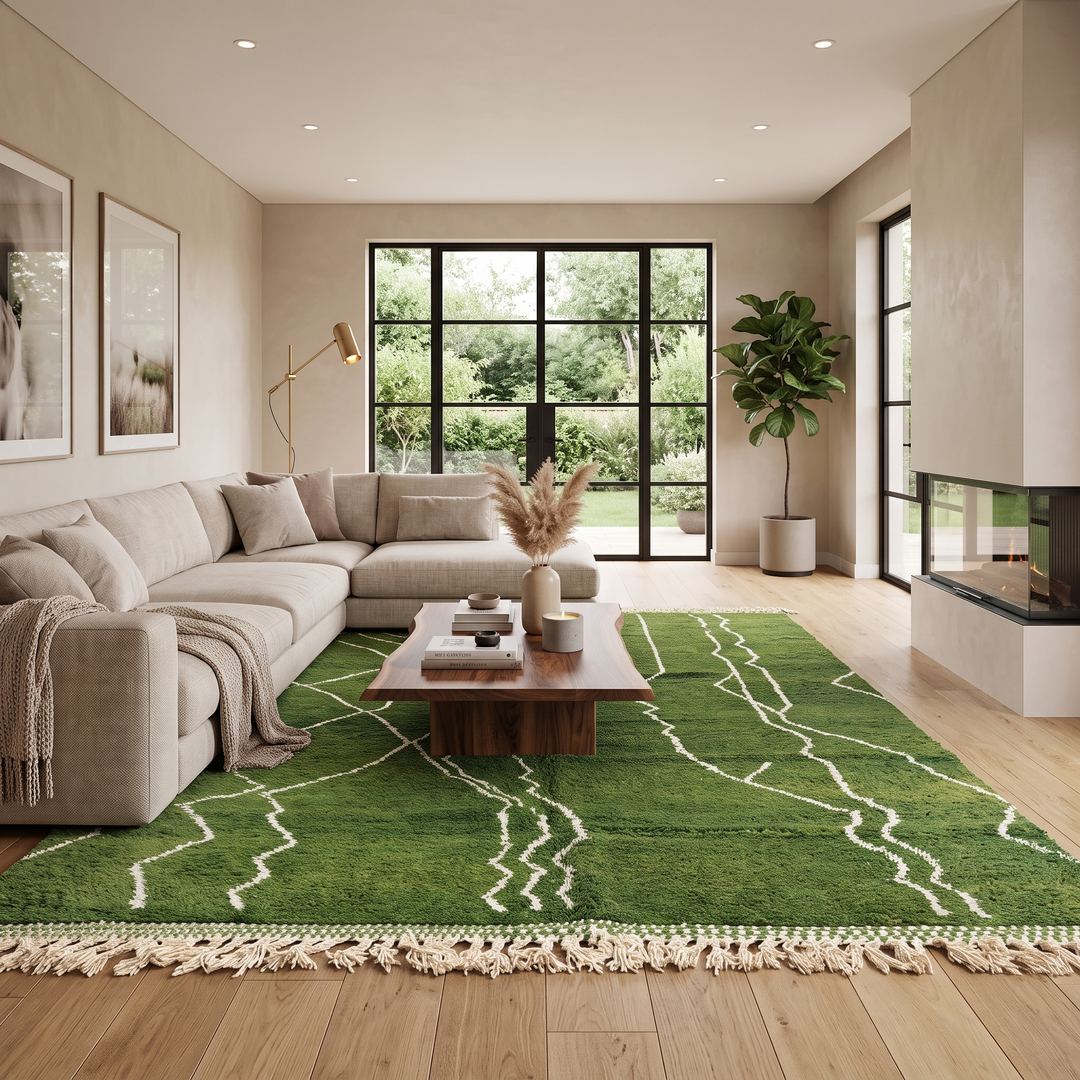 Handwoven green Moroccan wool rug with white geometric line design
