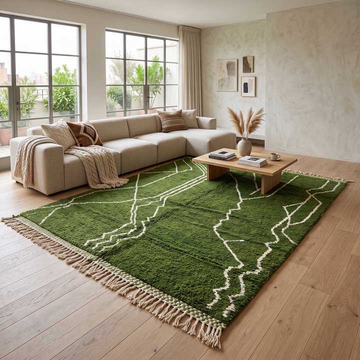 Handwoven green Moroccan wool rug with white geometric line design
