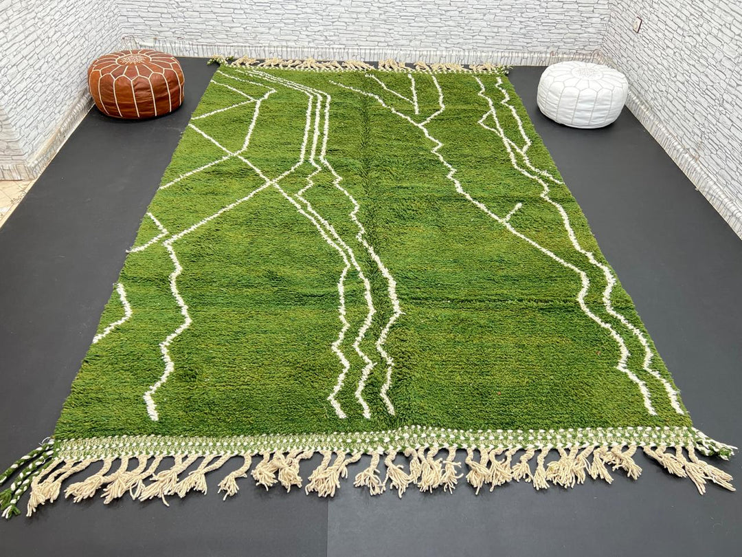 Handwoven green Moroccan wool rug with white geometric line design