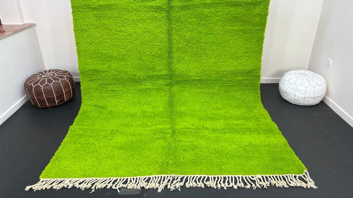 Solid green Moroccan wool rug with plush minimalist Berber texture