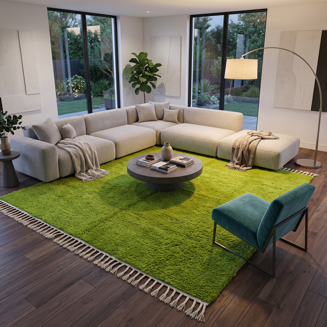 Solid green Moroccan wool rug with plush minimalist Berber texture
