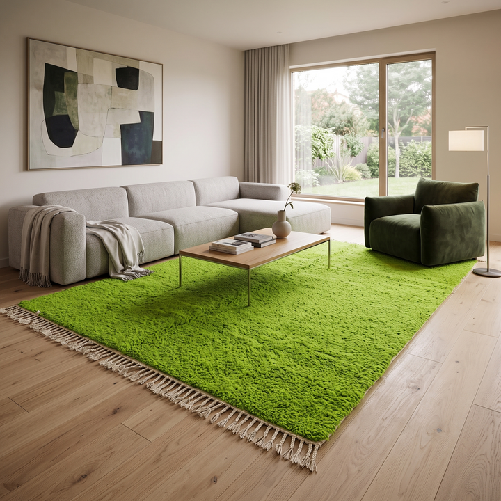 Solid green Moroccan wool rug with plush minimalist Berber texture
