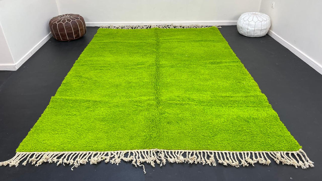 Solid green Moroccan wool rug with plush minimalist Berber texture