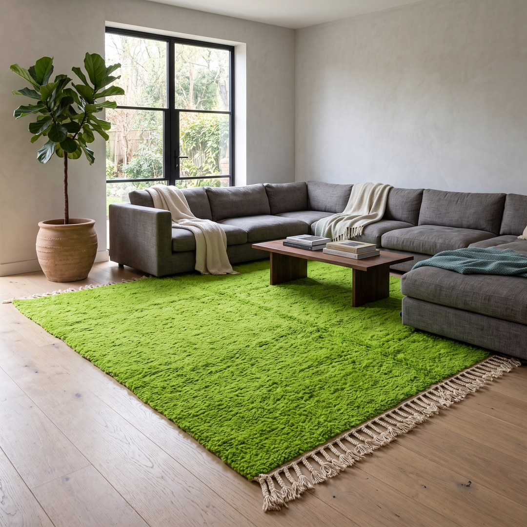 Solid green Moroccan wool rug with plush minimalist Berber texture
