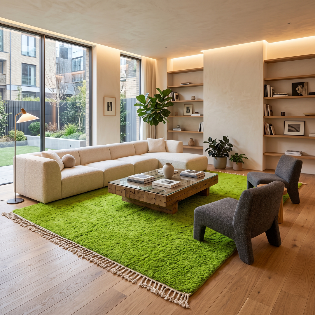 Solid green Moroccan wool rug with plush minimalist Berber texture
