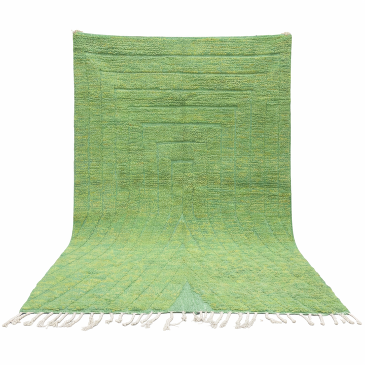 Green Moroccan wool rug with carved geometric lines and sculpted texture