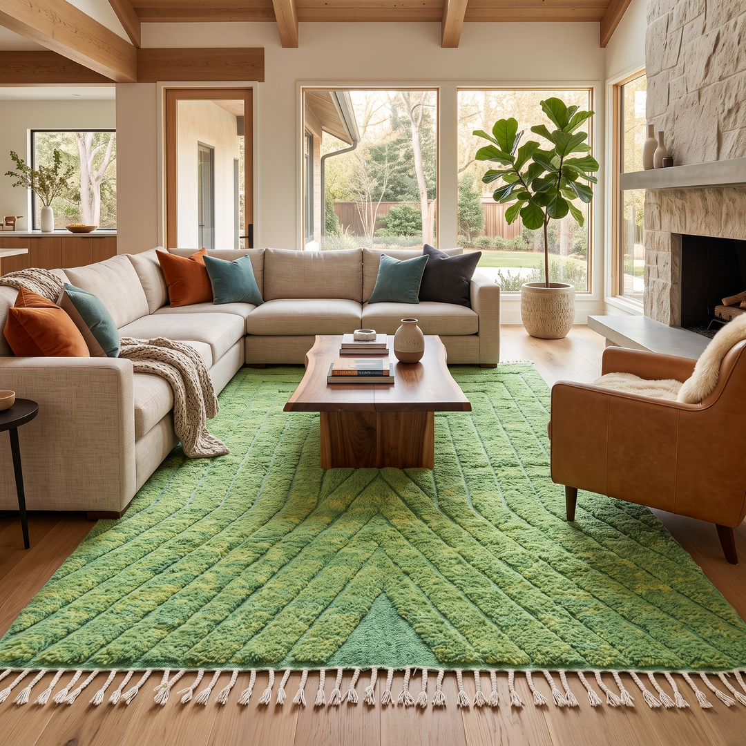 Green Moroccan wool rug with carved geometric lines and sculpted texture
