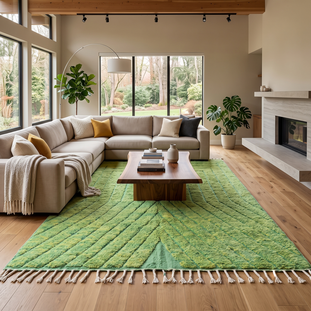 Green Moroccan wool rug with carved geometric lines and sculpted texture
