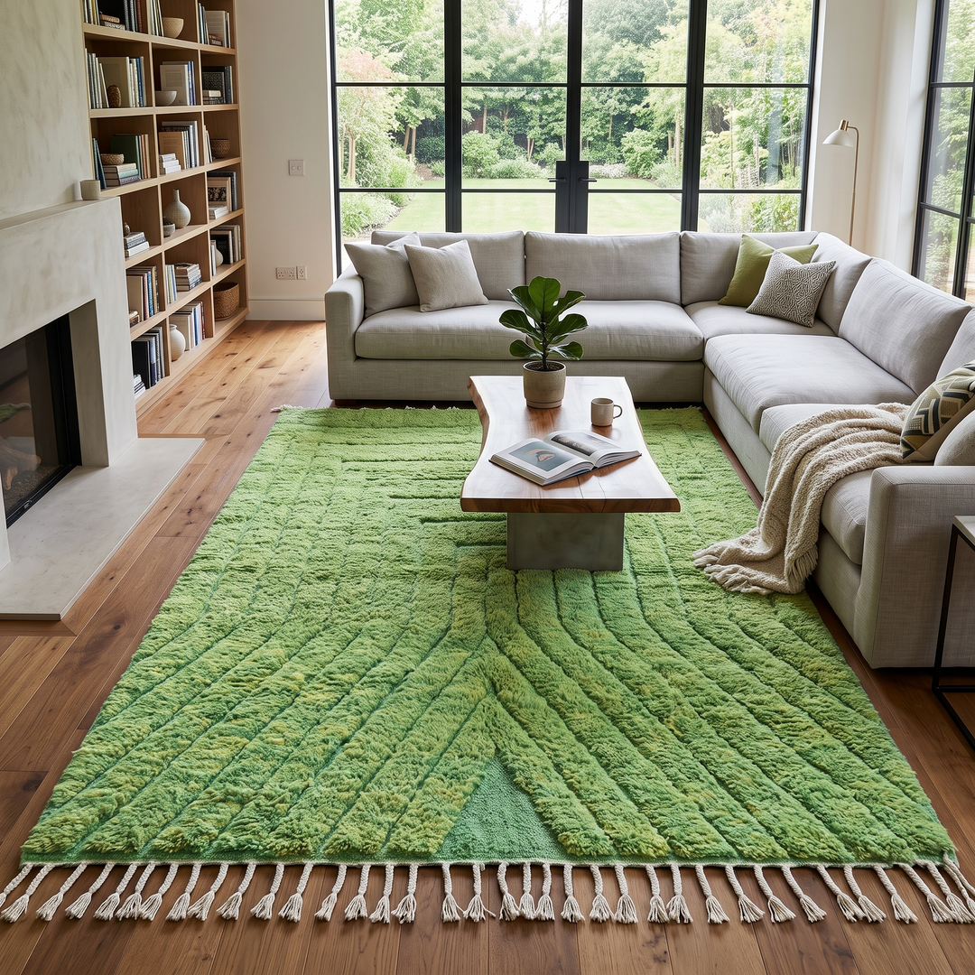 Green Moroccan wool rug with carved geometric lines and sculpted texture
