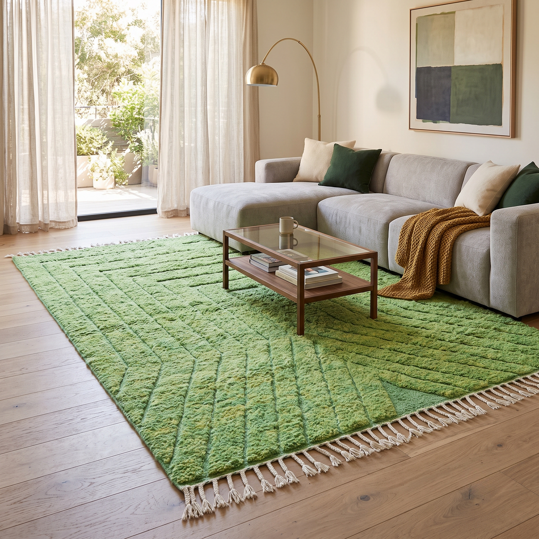 Green Moroccan wool rug with carved geometric lines and sculpted texture

