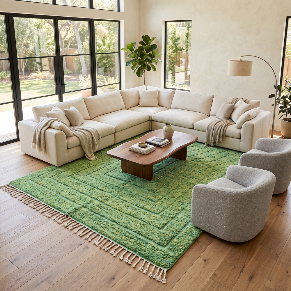 Green Moroccan wool rug with carved geometric lines and sculpted texture
