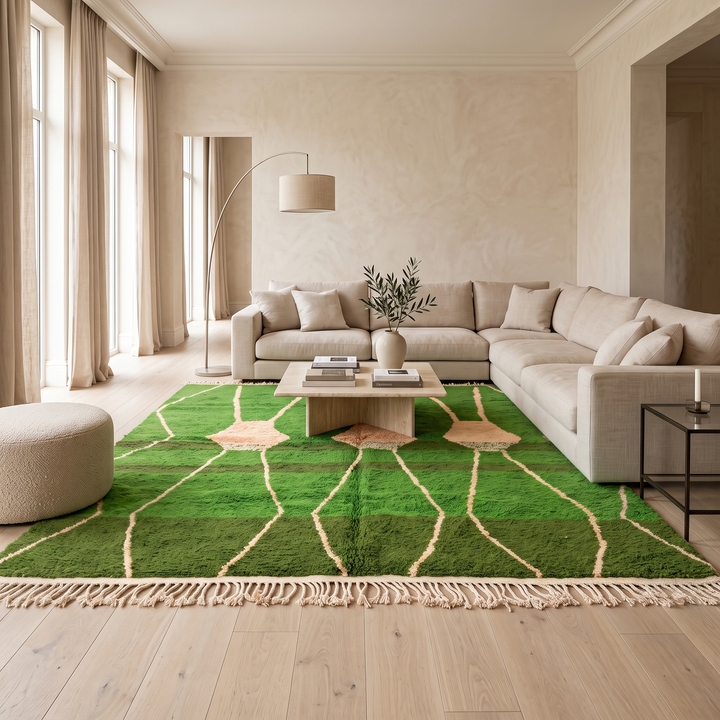 green moroccan wool rug with abstract berber organic pattern handmade
