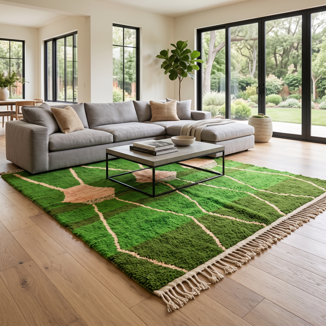 green moroccan wool rug with abstract berber organic pattern handmade
