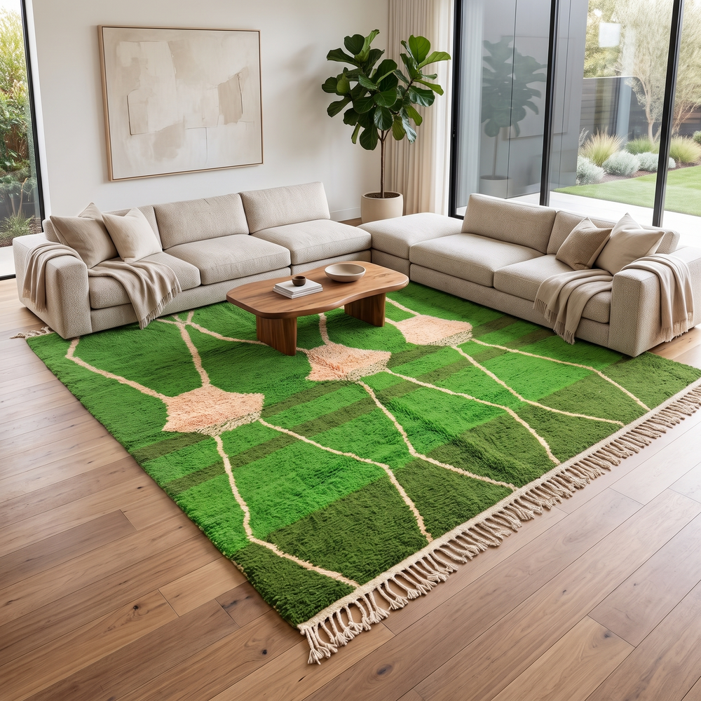 green moroccan wool rug with abstract berber organic pattern handmade
