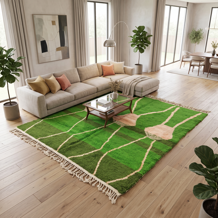 green moroccan wool rug with abstract berber organic pattern handmade
