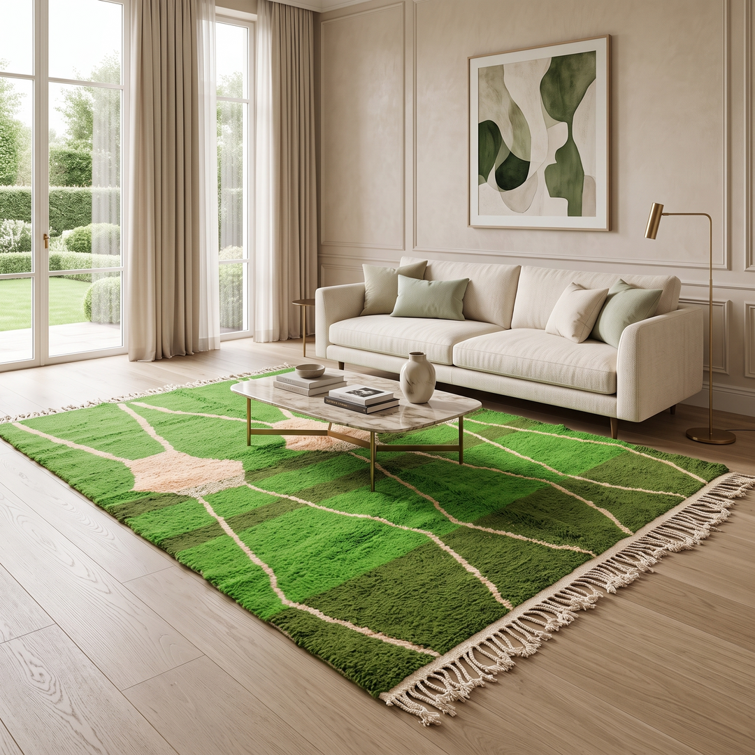green moroccan wool rug with abstract berber organic pattern handmade
